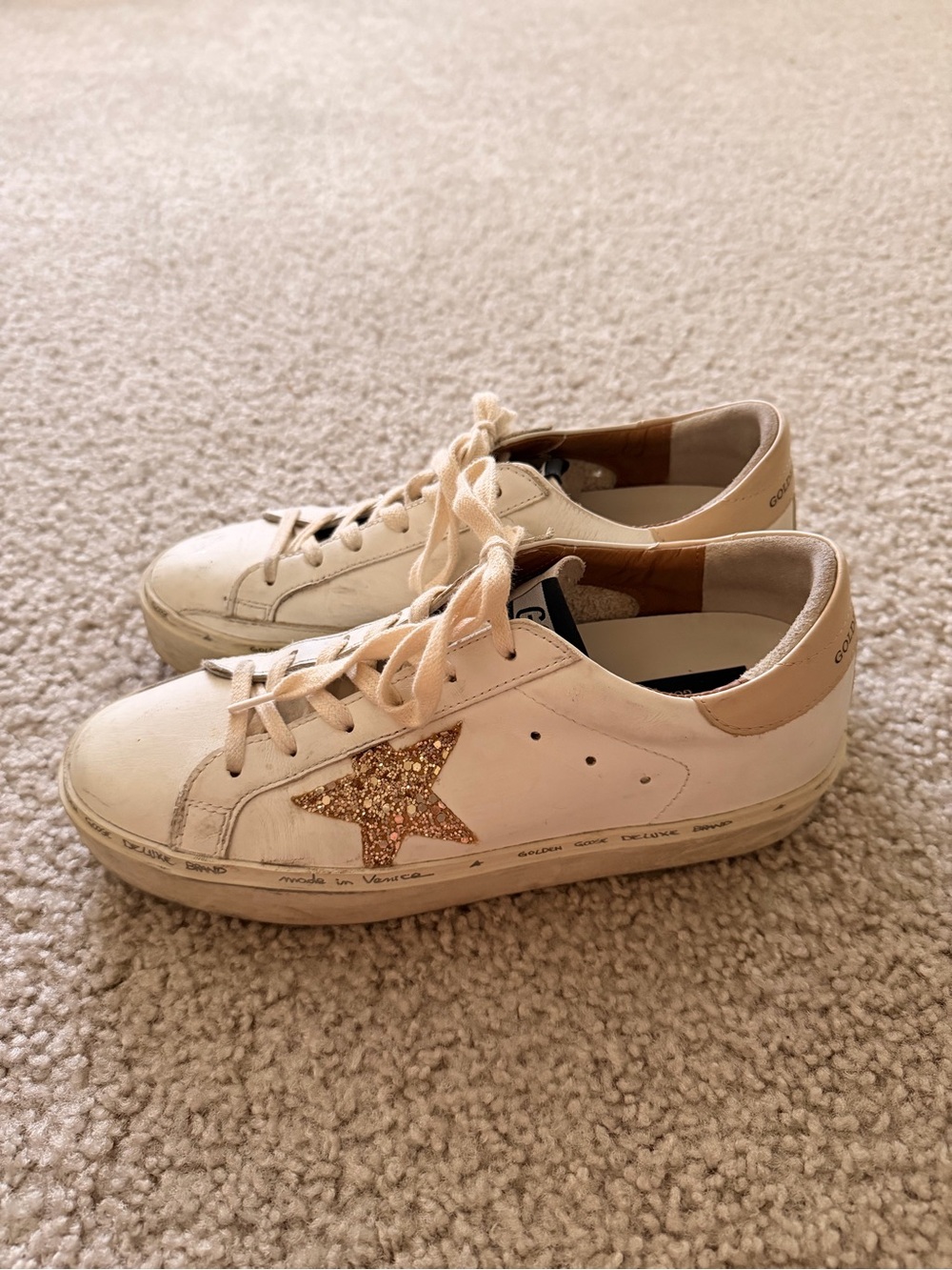 Golden Goose White Leather Sneakers with Gold Glitter Star